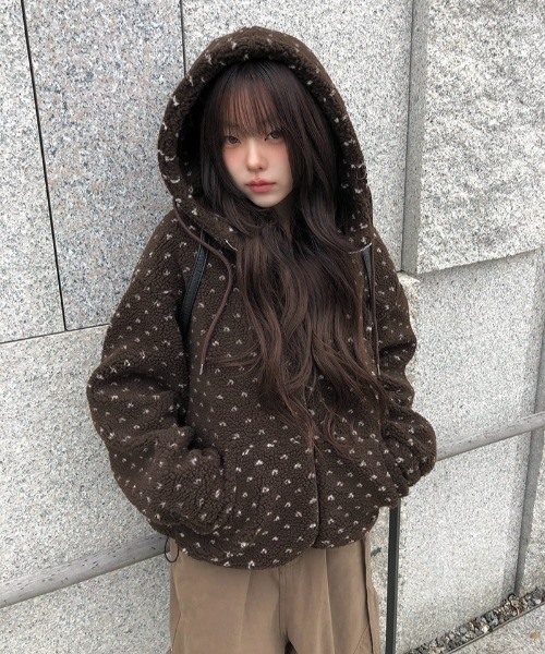 セール】ハート模様ドット柄フリースジップパーカー（ブルゾン