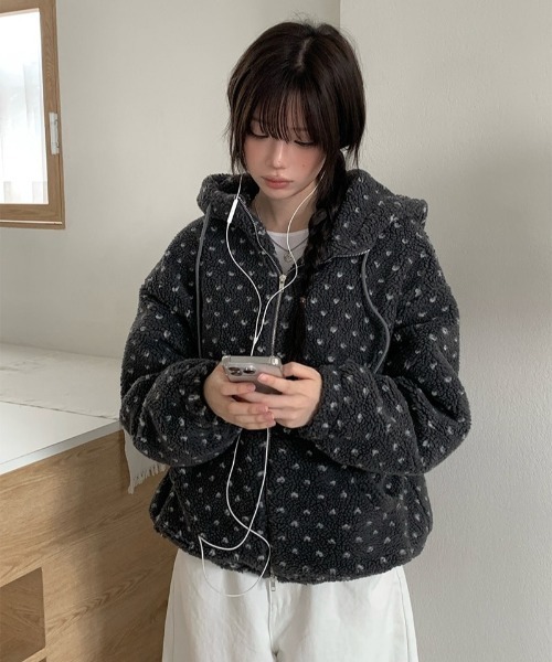 セール】ハート模様ドット柄フリースジップパーカー（ブルゾン
