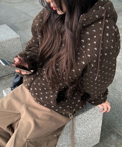 ハート模様ドット柄フリースジップパーカー（ブルゾン）｜anyonemore