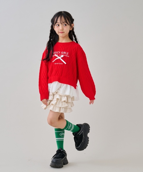 by LOVEiT（バイラビット）の「チュールつきケーブルニット（ニット/セーター・キッズ・ブルーグレー/オフホワイト/レッド・150cm/140cm/130cm/120cm/160cm）」の5枚目の写真