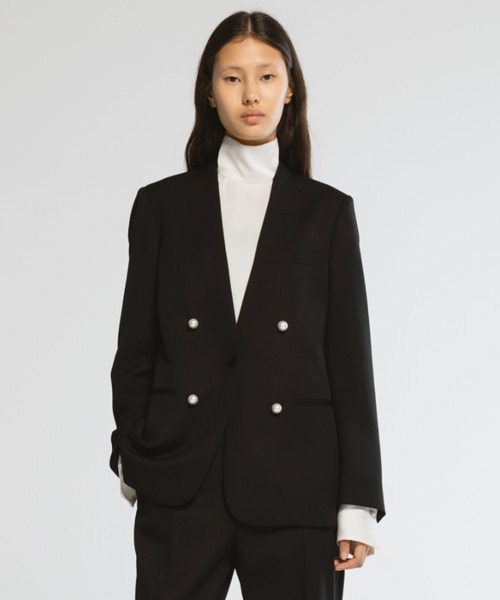 CINOH(チノ)の「BLACK FORMAL NO COLLAR JACKET(ノーカラージャケット・レディース・ブラック/ネイビー/ネイビー系・36/40/38)」の1枚目の写真