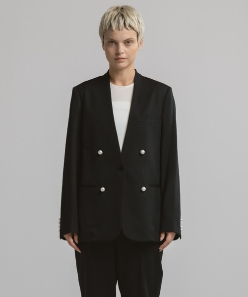 CINOH(チノ)の「BLACK FORMAL NO COLLAR JACKET(ノーカラージャケット・レディース・ブラック/ネイビー/ネイビー系・36/40/38)」の18枚目の写真