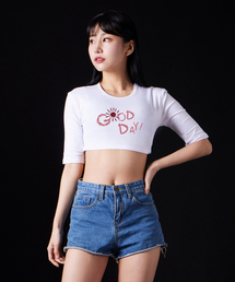 グッドデイ スーピマ スパン 5部袖 ショート クロップTシャツ_ホワイト