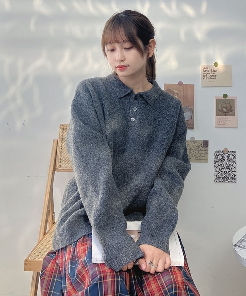 AS KNOW AS plus（アズノゥアズプラス）の「♪衿付きポロニットプルオーバー【UNISEX ITEM】（ニット/セーター・レディース・グレー/ブラウン/ブルーグリーン・FREE）」の2枚目の写真