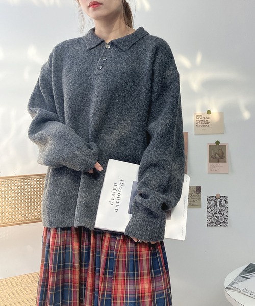 AS KNOW AS plus（アズノゥアズプラス）の「♪衿付きポロニットプルオーバー【UNISEX ITEM】（ニット/セーター・レディース・グレー/ブラウン/ブルーグリーン・FREE）」の5枚目の写真