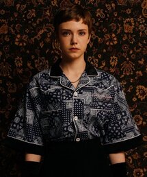 [UNISEX] Logo Embroidered Piped Western Shirt (Navy)