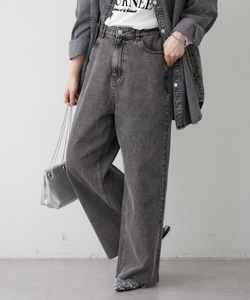 Remind me and forever(リマインドミーアンドフォーエバー)の「【2026SS】【ウエスト調節&セルフカット可能】デニムリメイクライクワイドパン(デニムパンツ・レディース・スミクロ/ワンウォッシュ・FREE)」の2枚目の写真