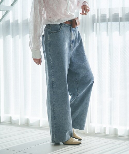 Remind me and forever(リマインドミーアンドフォーエバー)の「【2026SS】【ウエスト調節&セルフカット可能】デニムリメイクライクワイドパン(デニムパンツ・レディース・スミクロ/ワンウォッシュ・FREE)」の4枚目の写真