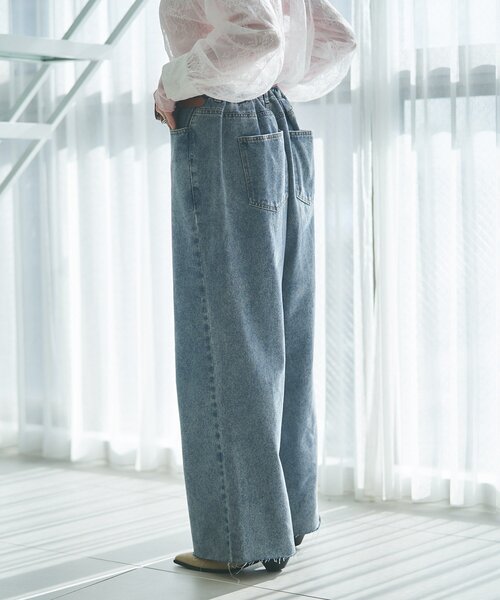 Remind me and forever(リマインドミーアンドフォーエバー)の「【2026SS】【ウエスト調節&セルフカット可能】デニムリメイクライクワイドパン(デニムパンツ・レディース・スミクロ/ワンウォッシュ・FREE)」の9枚目の写真