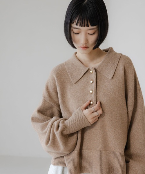 LOWRYS FARM（ローリーズファーム）の「ポロニットLS 648065（ニット/セーター・レディース・イエロー/アイボリー/ブラウン/グレー・FREE）」の3枚目の写真