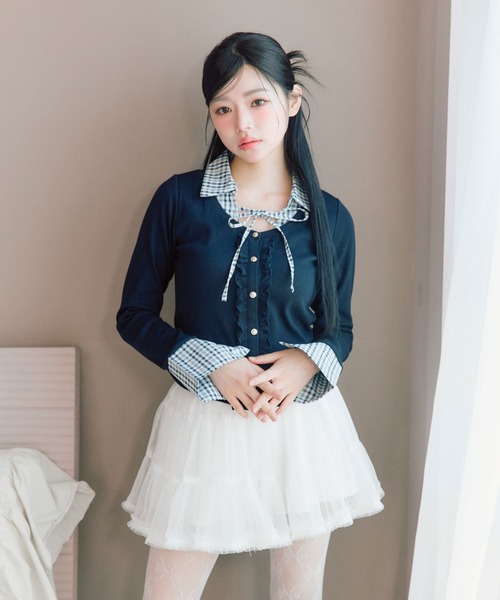 OLIVE des OLIVE（オリーブデオリーブ）の「シャツレイヤードトップス（Tシャツ/カットソー・レディース・ネイビー/ベージュ/トップグレー/ピンク・FREE）」の3枚目の写真