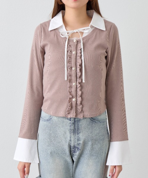 OLIVE des OLIVE（オリーブデオリーブ）の「シャツレイヤードトップス（Tシャツ/カットソー・レディース・ネイビー/ベージュ/トップグレー/ピンク・FREE）」の5枚目の写真