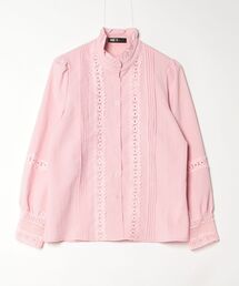 フリルネック ピンタックレース切り替えブラウス