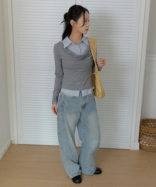 UNE MANSION(ユヌマンション)の「ストライプシャツセットレイヤードルーズネックカットソー(Tシャツ/カットソー・レディース・チャコール/グレー・FREE)」の12枚目の写真