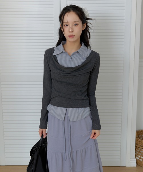 UNE MANSION(ユヌマンション)の「ストライプシャツセットレイヤードルーズネックカットソー(Tシャツ/カットソー・レディース・チャコール/グレー・FREE)」の18枚目の写真