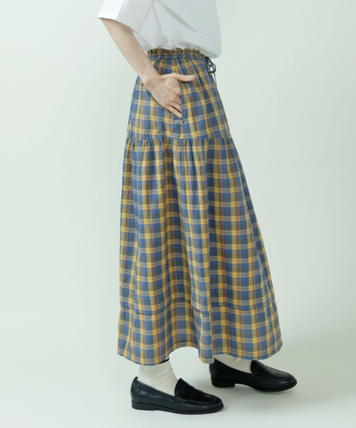 PAR ICI(パーリッシィ)の「マドラスチェック/ギンガムチェック 切り替えギャザースカート(スカート・レディース・イエロー/ネイビー・FREE)」の6枚目の写真
