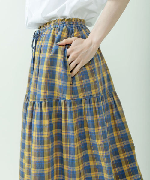 PAR ICI(パーリッシィ)の「マドラスチェック/ギンガムチェック 切り替えギャザースカート(スカート・レディース・イエロー/ネイビー・FREE)」の8枚目の写真