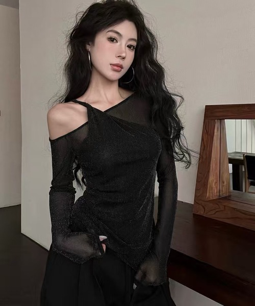 AsheKsha（アシクシャ）の「薄手で通気性抜群のオフショルダー長袖（Tシャツ/カットソー・レディース・ブラック・M）」の5枚目の写真