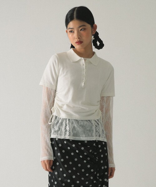 Ray BEAMS（レイビームス）の「サイド ドロスト ポロシャツ（ポロシャツ・レディース・オフホワイト/サックスブルー・ONE SIZE）」の6枚目の写真