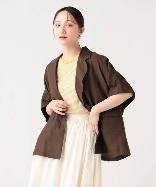 BEAMS HEART（ビームスハート）の「フレンチ 半袖 ジャケット（テーラードジャケット・レディース・ダークブラウン/ベージュ/ブラック・FREE）」の2枚目の写真