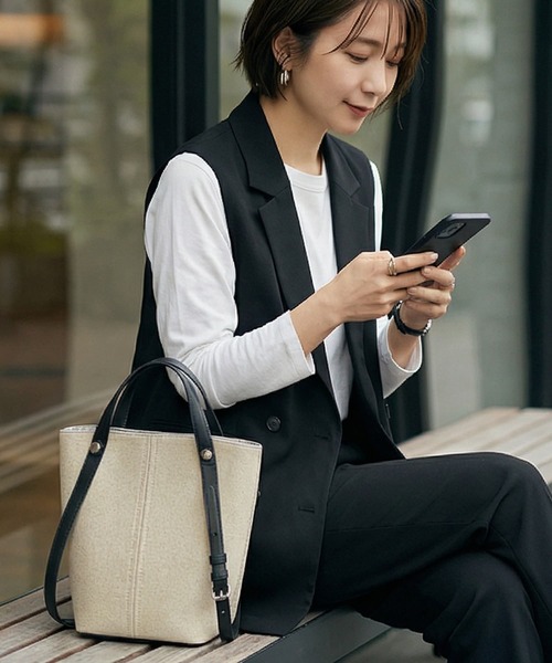 STYLE DELI(スタイルデリ)の「【DELI by】縦ラインキャンバス×リアルレザーバケットトート(トートバッグ・レディース・ブラック/ブラウン・FREE)」の3枚目の写真