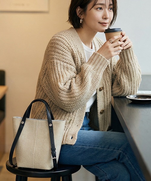 STYLE DELI(スタイルデリ)の「【DELI by】縦ラインキャンバス×リアルレザーバケットトート(トートバッグ・レディース・ブラック/ブラウン・FREE)」の5枚目の写真