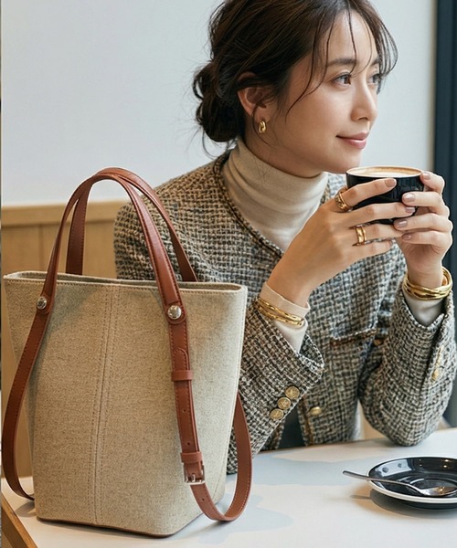 STYLE DELI(スタイルデリ)の「【DELI by】縦ラインキャンバス×リアルレザーバケットトート(トートバッグ・レディース・ブラック/ブラウン・FREE)」の8枚目の写真