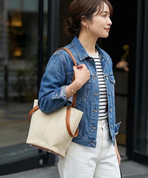 STYLE DELI(スタイルデリ)の「【DELI by】縦ラインキャンバス×リアルレザーバケットトート(トートバッグ・レディース・ブラック/ブラウン・FREE)」の11枚目の写真