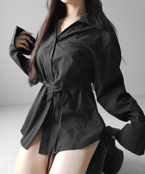 me+em select(ミームセレクト)の「【 3color 】ストラップウエストリボンレディフレアシャツ / strap waist ribbon lady flare shirts(シャツ/ブラウス・レディース・ブラック/ホワイト/ピンク・FREE)」の21枚目の写真