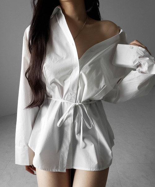 me+em select(ミームセレクト)の「【 3color 】ストラップウエストリボンレディフレアシャツ / strap waist ribbon lady flare shirts(シャツ/ブラウス・レディース・ブラック/ホワイト/ピンク・FREE)」の7枚目の写真