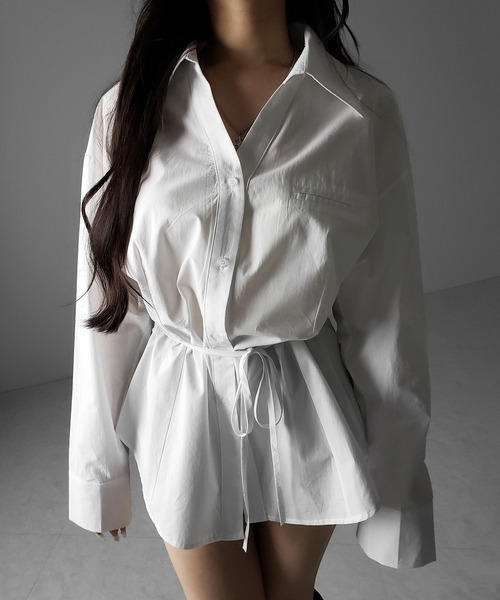 me+em select(ミームセレクト)の「【 3color 】ストラップウエストリボンレディフレアシャツ / strap waist ribbon lady flare shirts(シャツ/ブラウス・レディース・ブラック/ホワイト/ピンク・FREE)」の9枚目の写真