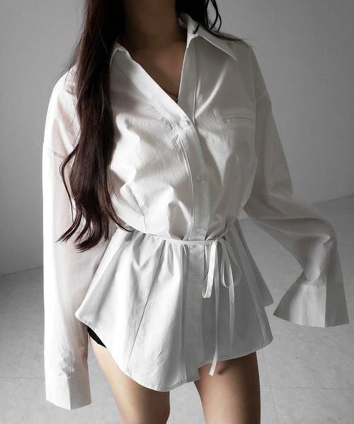 me+em select(ミームセレクト)の「【 3color 】ストラップウエストリボンレディフレアシャツ / strap waist ribbon lady flare shirts(シャツ/ブラウス・レディース・ブラック/ホワイト/ピンク・FREE)」の10枚目の写真