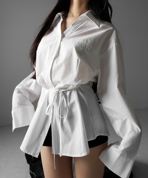 me+em select(ミームセレクト)の「【 3color 】ストラップウエストリボンレディフレアシャツ / strap waist ribbon lady flare shirts(シャツ/ブラウス・レディース・ブラック/ホワイト/ピンク・FREE)」の12枚目の写真