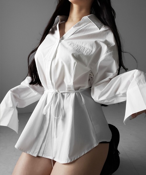 me+em select(ミームセレクト)の「【 3color 】ストラップウエストリボンレディフレアシャツ / strap waist ribbon lady flare shirts(シャツ/ブラウス・レディース・ブラック/ホワイト/ピンク・FREE)」の14枚目の写真