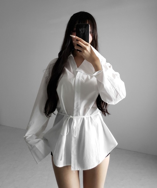 me+em select(ミームセレクト)の「【 3color 】ストラップウエストリボンレディフレアシャツ / strap waist ribbon lady flare shirts(シャツ/ブラウス・レディース・ブラック/ホワイト/ピンク・FREE)」の16枚目の写真