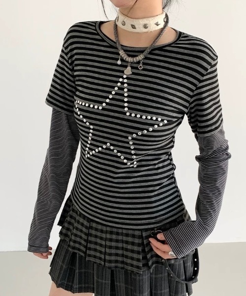 Alvia(アルビア)の「スターレイヤード風ボーダートップス/Tシャツ(Tシャツ/カットソー・レディース・グレー・M)」の2枚目の写真