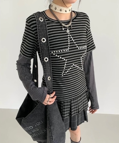 Alvia(アルビア)の「スターレイヤード風ボーダートップス/Tシャツ(Tシャツ/カットソー・レディース・グレー・M)」の3枚目の写真