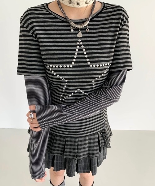 Alvia(アルビア)の「スターレイヤード風ボーダートップス/Tシャツ(Tシャツ/カットソー・レディース・グレー・M)」の4枚目の写真