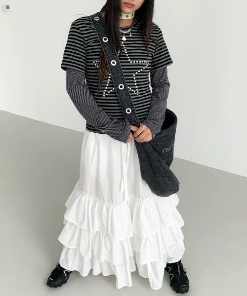 Alvia(アルビア)の「スターレイヤード風ボーダートップス/Tシャツ(Tシャツ/カットソー・レディース・グレー・M)」の5枚目の写真