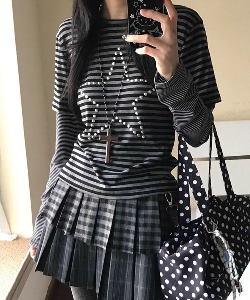 Alvia(アルビア)の「スターレイヤード風ボーダートップス/Tシャツ(Tシャツ/カットソー・レディース・グレー・M)」の8枚目の写真