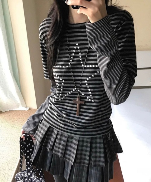 Alvia(アルビア)の「スターレイヤード風ボーダートップス/Tシャツ(Tシャツ/カットソー・レディース・グレー・M)」の9枚目の写真