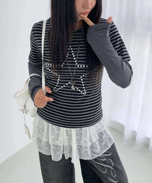 Alvia(アルビア)の「スターレイヤード風ボーダートップス/Tシャツ(Tシャツ/カットソー・レディース・グレー・M)」の7枚目の写真