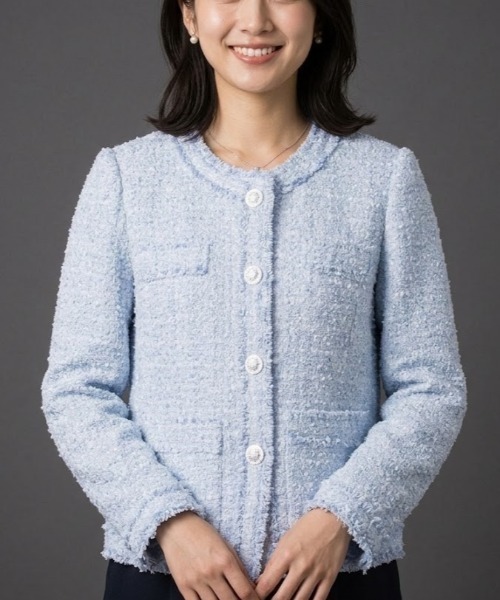 Lana821(ラナハニー)の「ペールトーン ツイードコート(ノーカラージャケット・レディース・ブルー・S/M/L)」の5枚目の写真