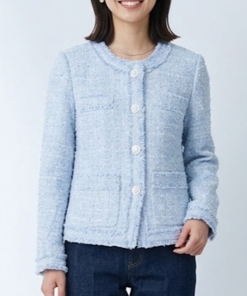 Lana821(ラナハニー)の「ペールトーン ツイードコート(ノーカラージャケット・レディース・ブルー・S/M/L)」の7枚目の写真