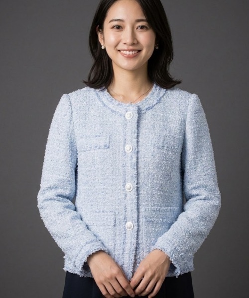 Lana821(ラナハニー)の「ペールトーン ツイードコート(ノーカラージャケット・レディース・ブルー・S/M/L)」の9枚目の写真