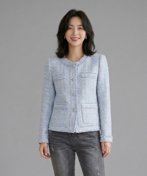 Lana821(ラナハニー)の「ペールトーン ツイードコート(ノーカラージャケット・レディース・ブルー・S/M/L)」の10枚目の写真