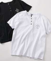 SlashDate（スラッシュデイト）の「【82】クロスワンポイント ラインストーン テレコリブ ヘンリーネックTシャツ/ユニセックス/レディース/メンズ（Tシャツ/カットソー）」