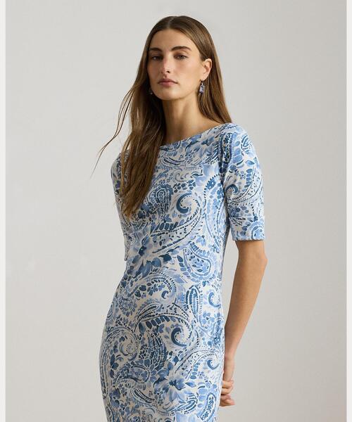 LAUREN RALPH LAUREN（ローレン ラルフ ローレン）の「ペイズリー コットン ボートネック ミディ ドレス（ワンピース・レディース・ホワイト・XS/S/M/XL/XXS/L）」の3枚目の写真