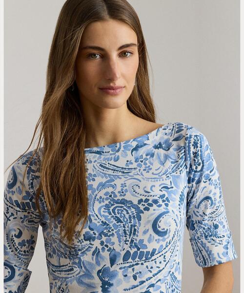 LAUREN RALPH LAUREN（ローレン ラルフ ローレン）の「ペイズリー コットン ボートネック ミディ ドレス（ワンピース・レディース・ホワイト・XS/S/M/XL/XXS/L）」の5枚目の写真