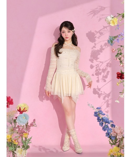 ワンピース Gather tulle bijou off shoulder mini Gather tulle bijou off shoulder mini onepiece(10852)（ワンピース
